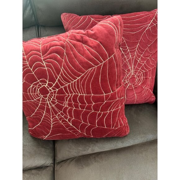 Spiderweb Embroidered Red Velvet Throw Pillow 18" X 18" Square Accent Cushion x2 - Picture 7 of 8